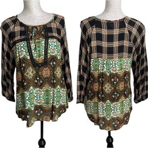 NEW Anthropologie Fig & Flower Plaid Mixed Print Peasant Blouse Top Medium